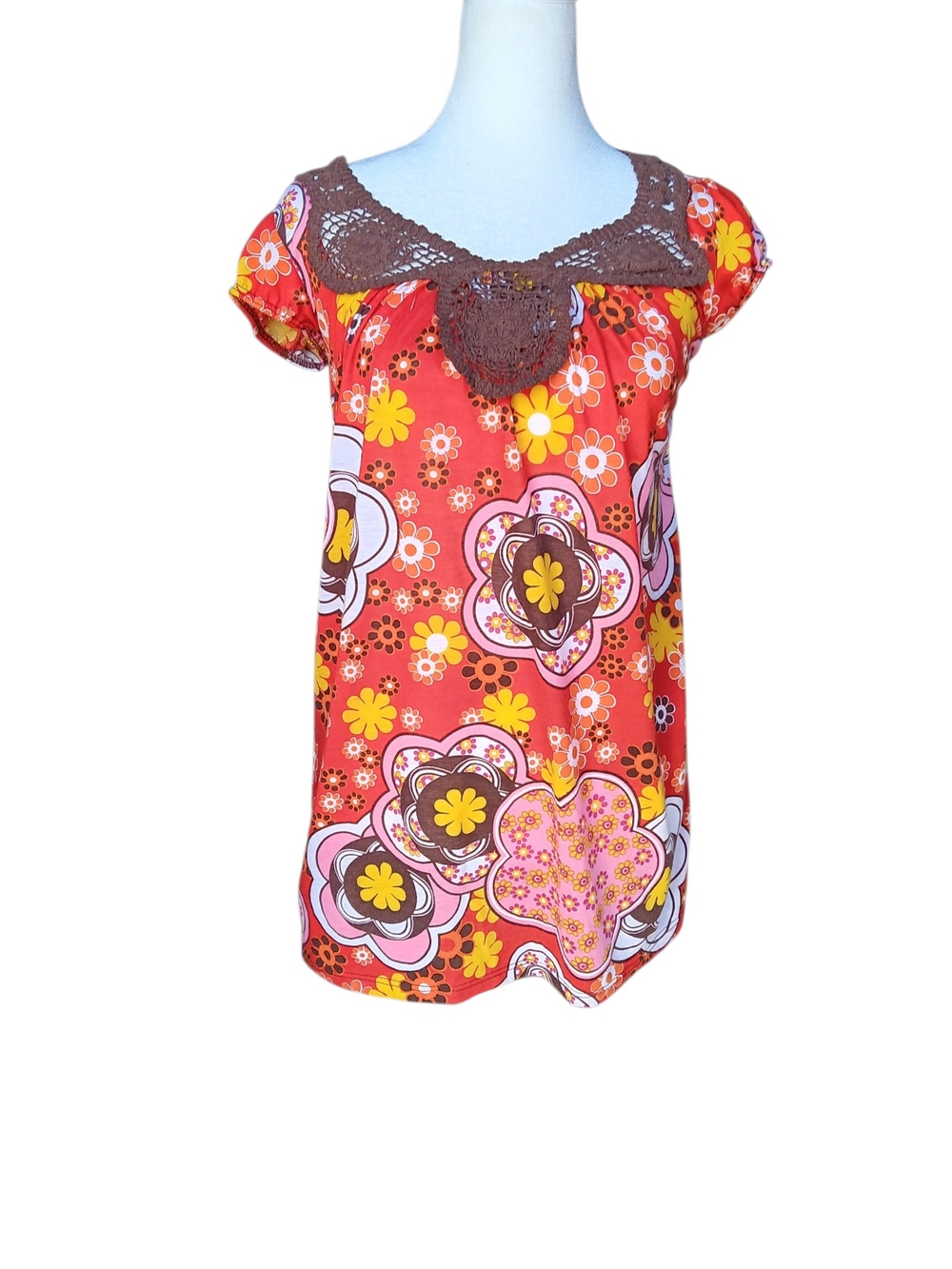 Y2K Mini Dress Vintage Flower Power Crochet-NeckTop